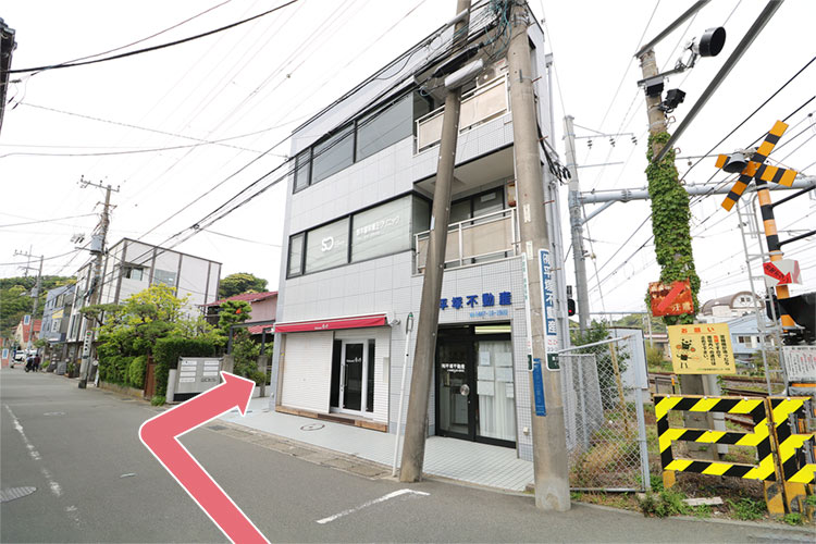 つきあたり、踏切すぐ横のビルになります。看板の脇へお入りください